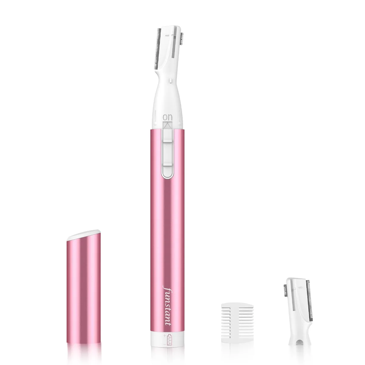 Pink pen-shaped eyebrow trimmer with comb attachments