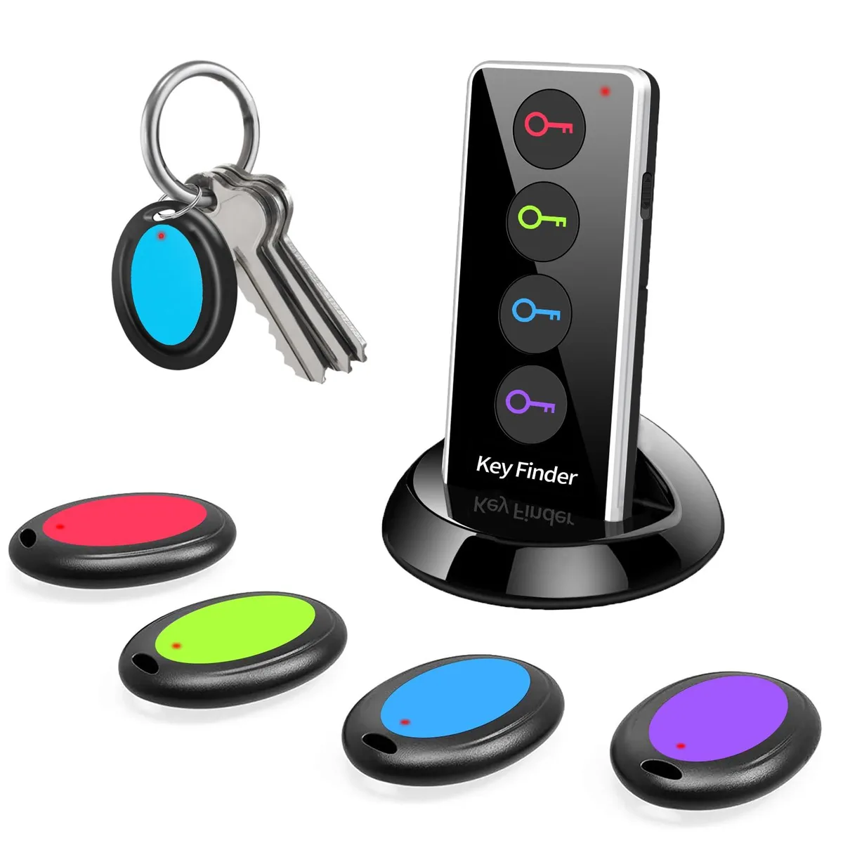 Black plastic rectangular transmitter with four coloured buttons and four small matching square receiver tags with key-ring holes