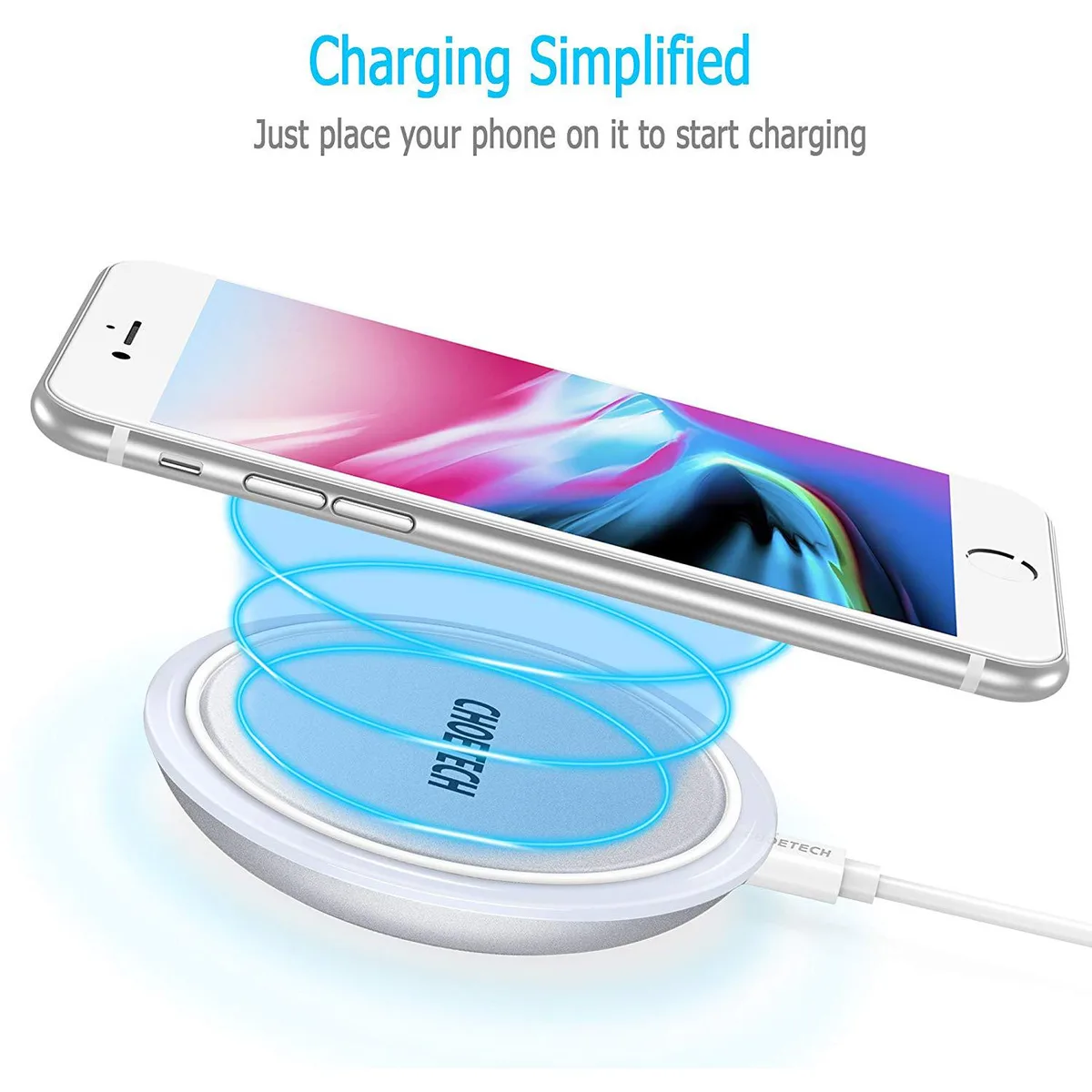 Silver wireless charging pad, coaster-sized, 3.3 by 3.3 by .7 inches, 2.25 oz