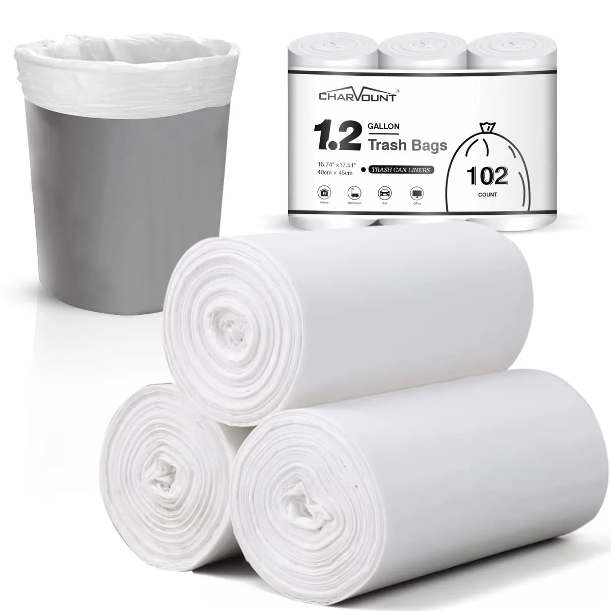 Three rolls of clear HDPE trash bags in a rectangular box