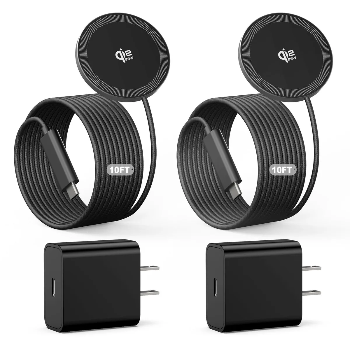 Two black magnetic wireless charging pads with 10ft cables and plugs