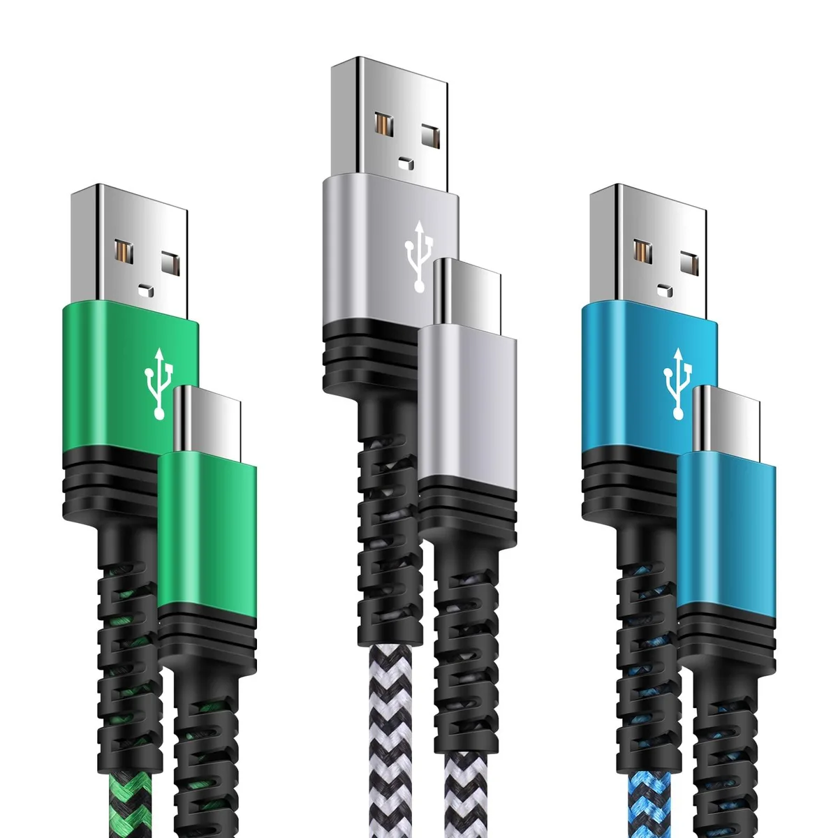 Three short white blue and green USB A to USB C cables coiled together