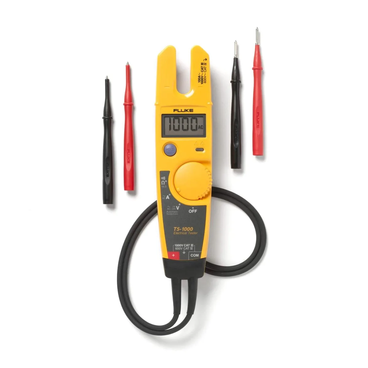 Yellow digital multimeter with open jaw clamp and LCD display