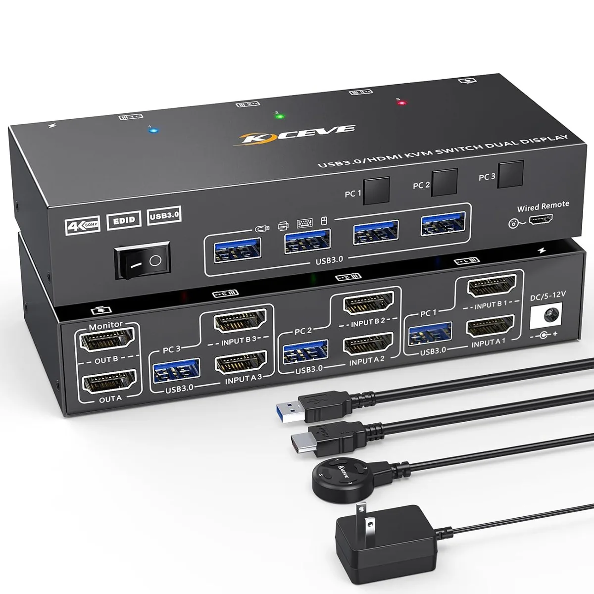 GCROWN GCROWN Dual Monitor KVM Switch 3 PCs 2 Monitors 4K@60Hz 2K@144Hz USB 3.0 4 Ports Wired Remote — product photo