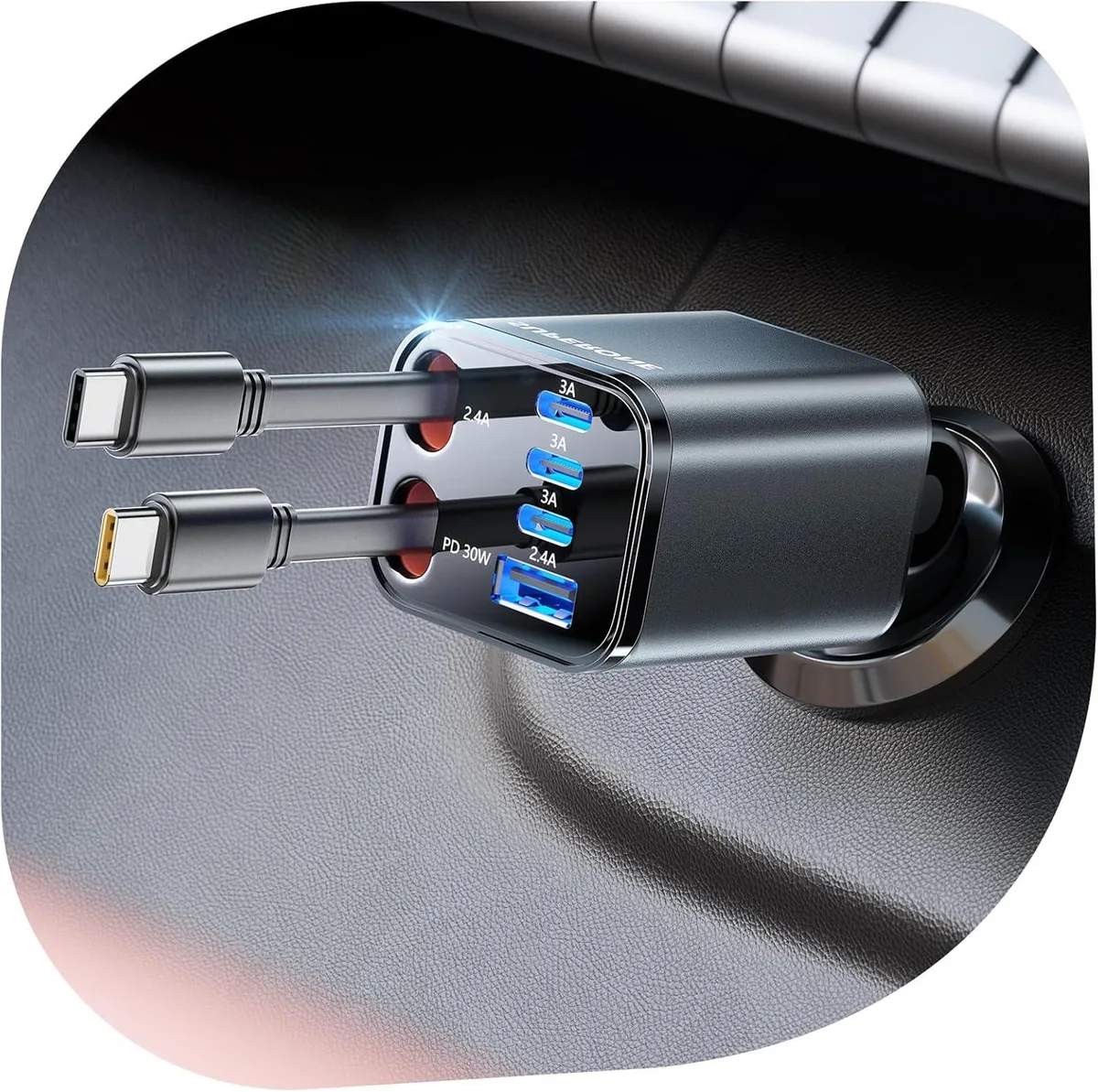 Hamzan Hamzan 99W 6-in-1 Retractable Car Charger Dual Type-C Cables 4 USB Ports — product photo