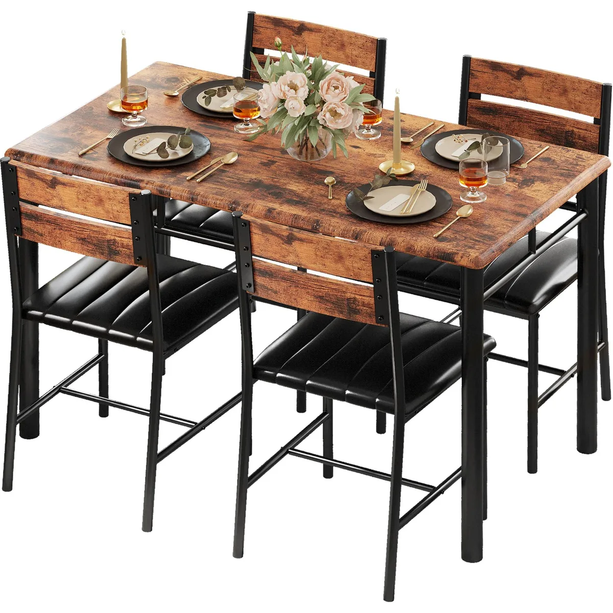 Rectangular rustic-brown dining table with four matching upholstered chairs, metal frames, woodgrain finish