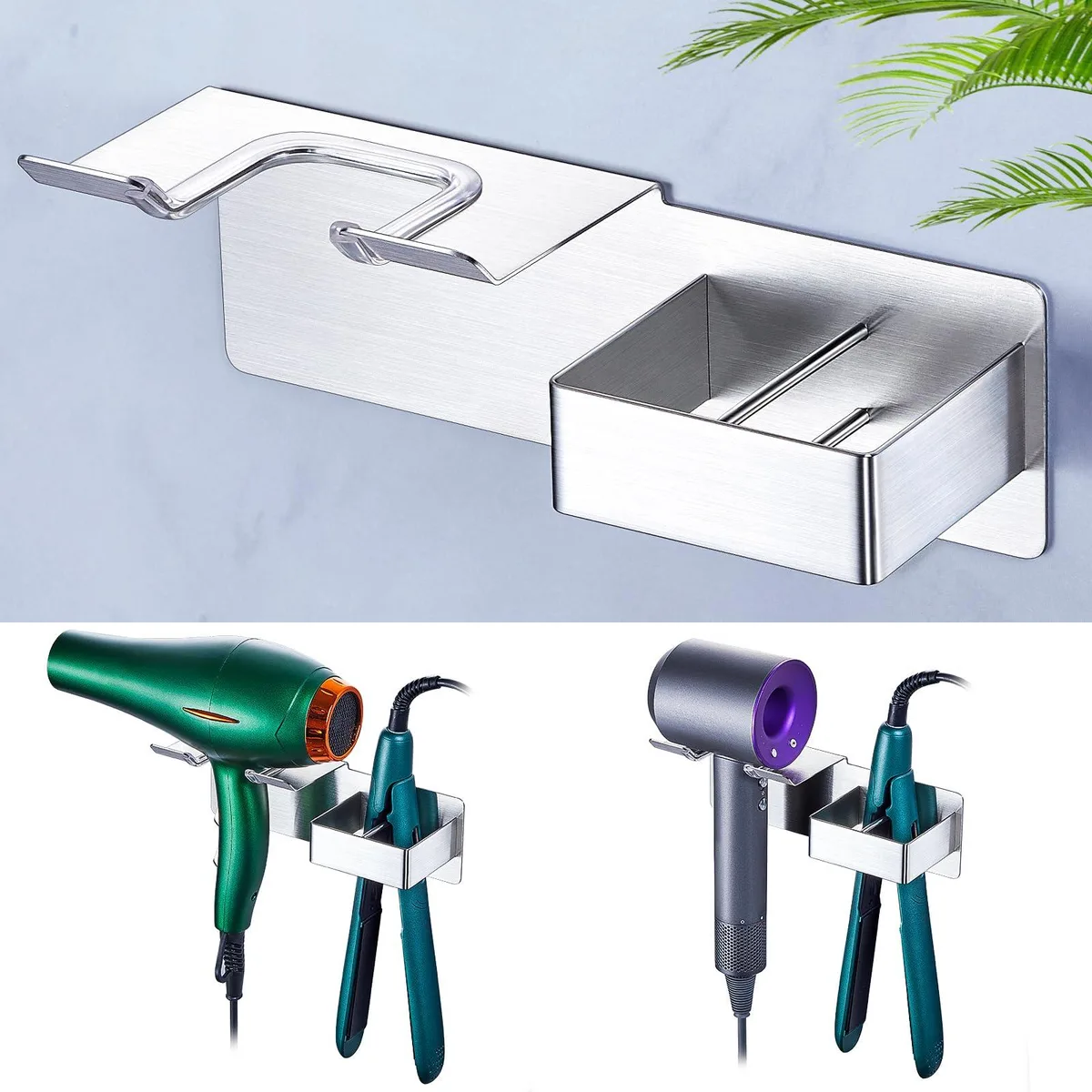 Silver wall-mounted holder for hair dryer and straightener, open metal frame with silicone-lined slots