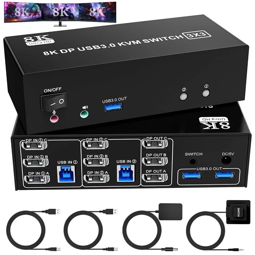 WRIARICH WRIARICH 303DP 8K@60Hz DP 1.4 KVM Switch 3 Monitors 2 Computers 3 USB 3.0 Desktop Controller — product photo