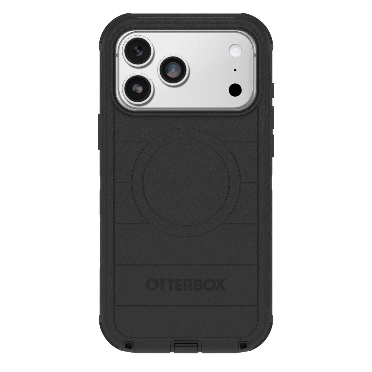 Black rugged OtterBox Defender Pro case for iPhone 17 Pro Max with textured grip and MagSafe ring