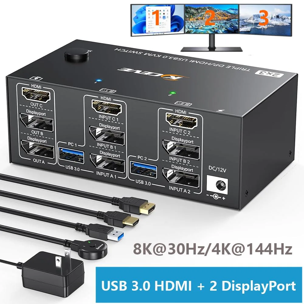 Teamyo Teamyo HDMI + 2 DisplayPort KVM Switch 2 PCs 3 Monitors 8K@30Hz/4K@144Hz — product photo