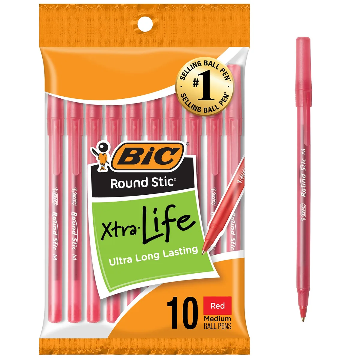 Ten red ballpoint pens with translucent barrels and frosted caps