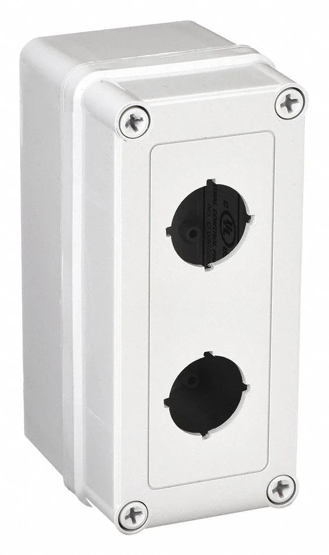 Gray polyester pushbutton enclosure, two 30 mm holes, 6.38 by 2.84 by 3.31 inches