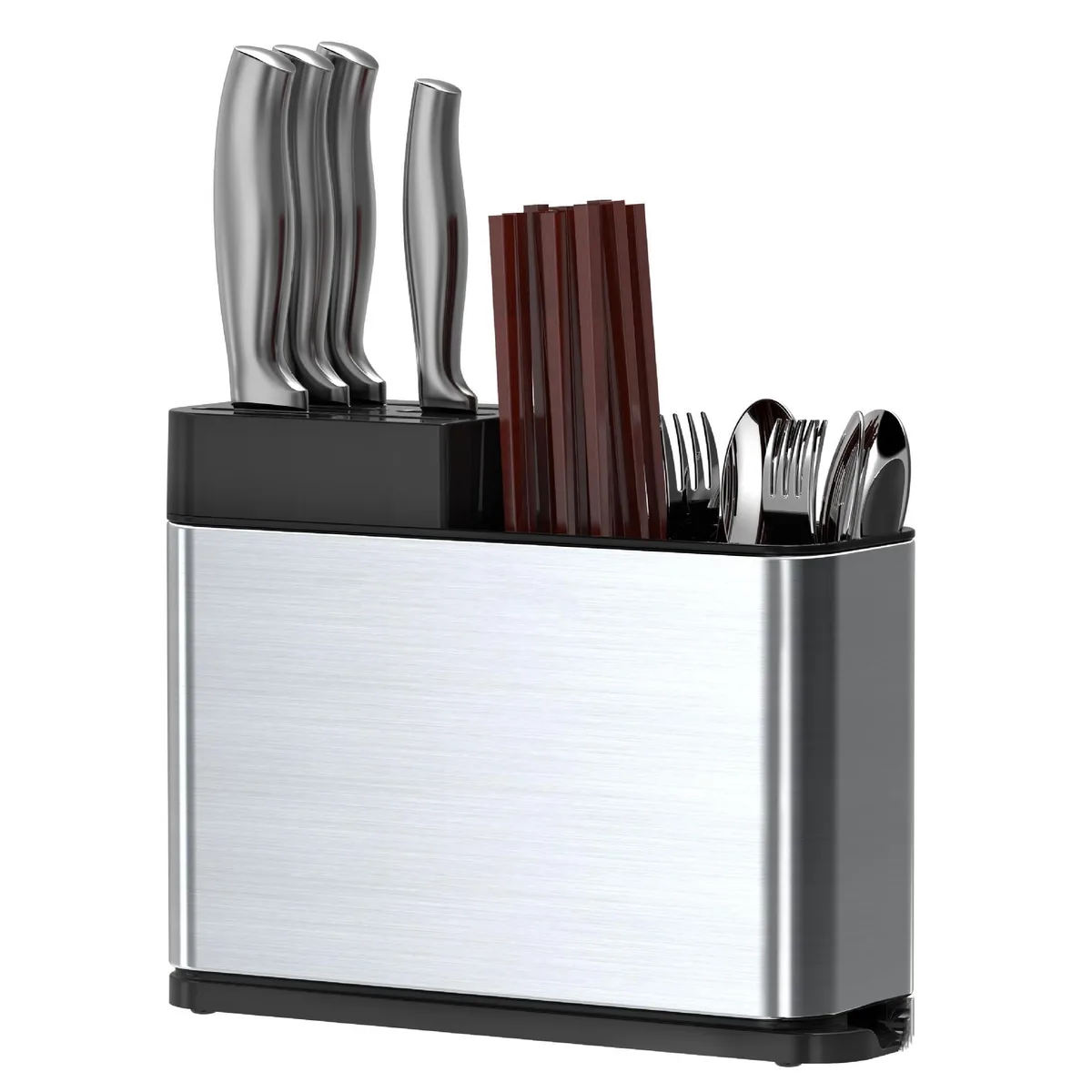 Brushed stainless steel upright knife block with multiple utensil compartments