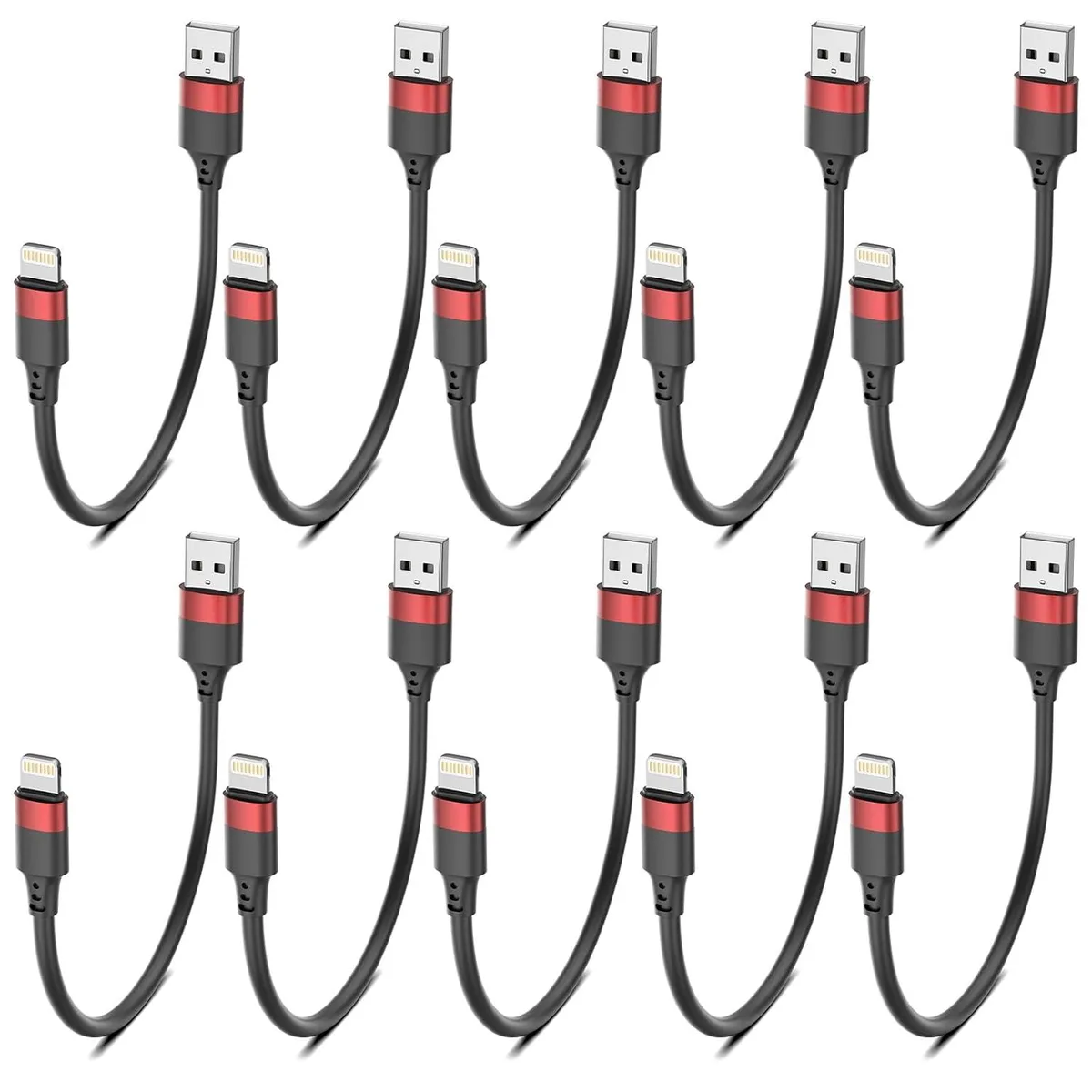 Ten short white USB-A to Lightning cables coiled together