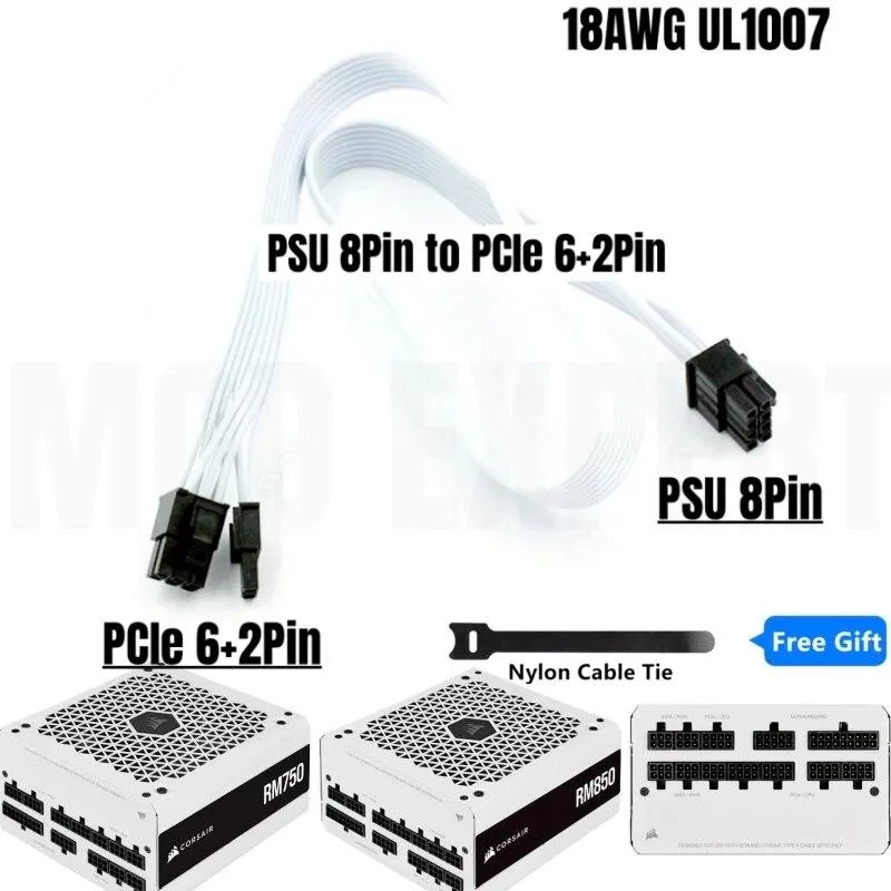YEPLOOK YEPLOOK White GPU Power Cable 8Pin to 6+2Pin PCIe for Corsair RM 2021 18AWG 60cm — product photo