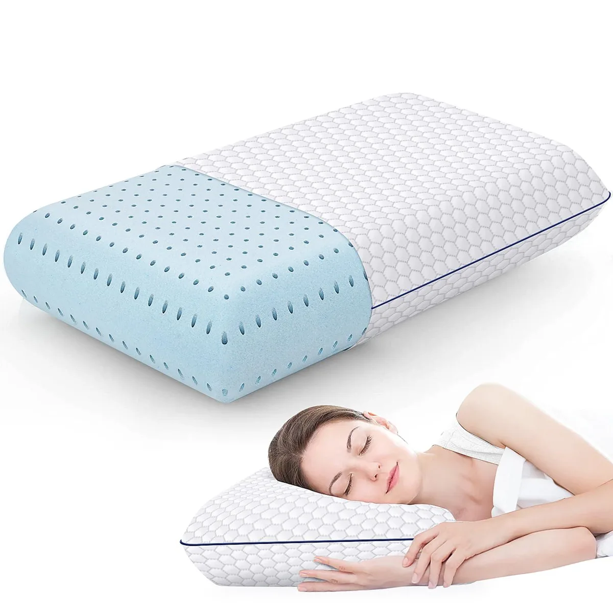 Grey rectangular memory foam bed pillow with breathable mesh cover
