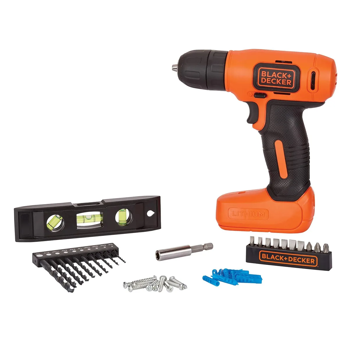 Compact 8V cordless drill kit in multi-colour case with bits, level and fasteners