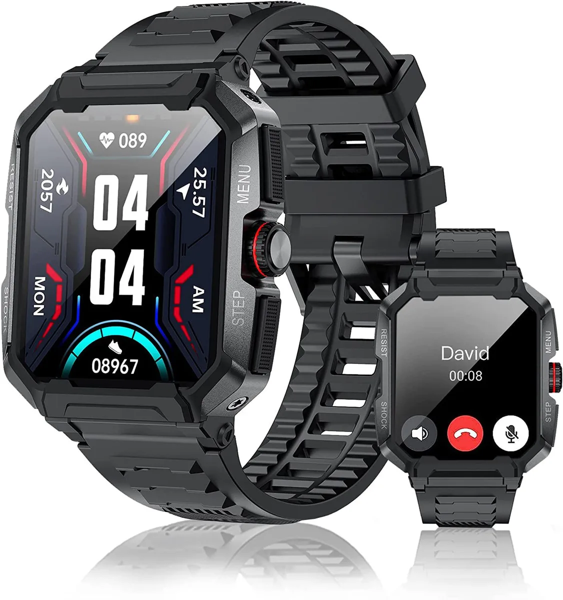 Black rectangular smartwatch with 1.85 inch touchscreen and rugged case