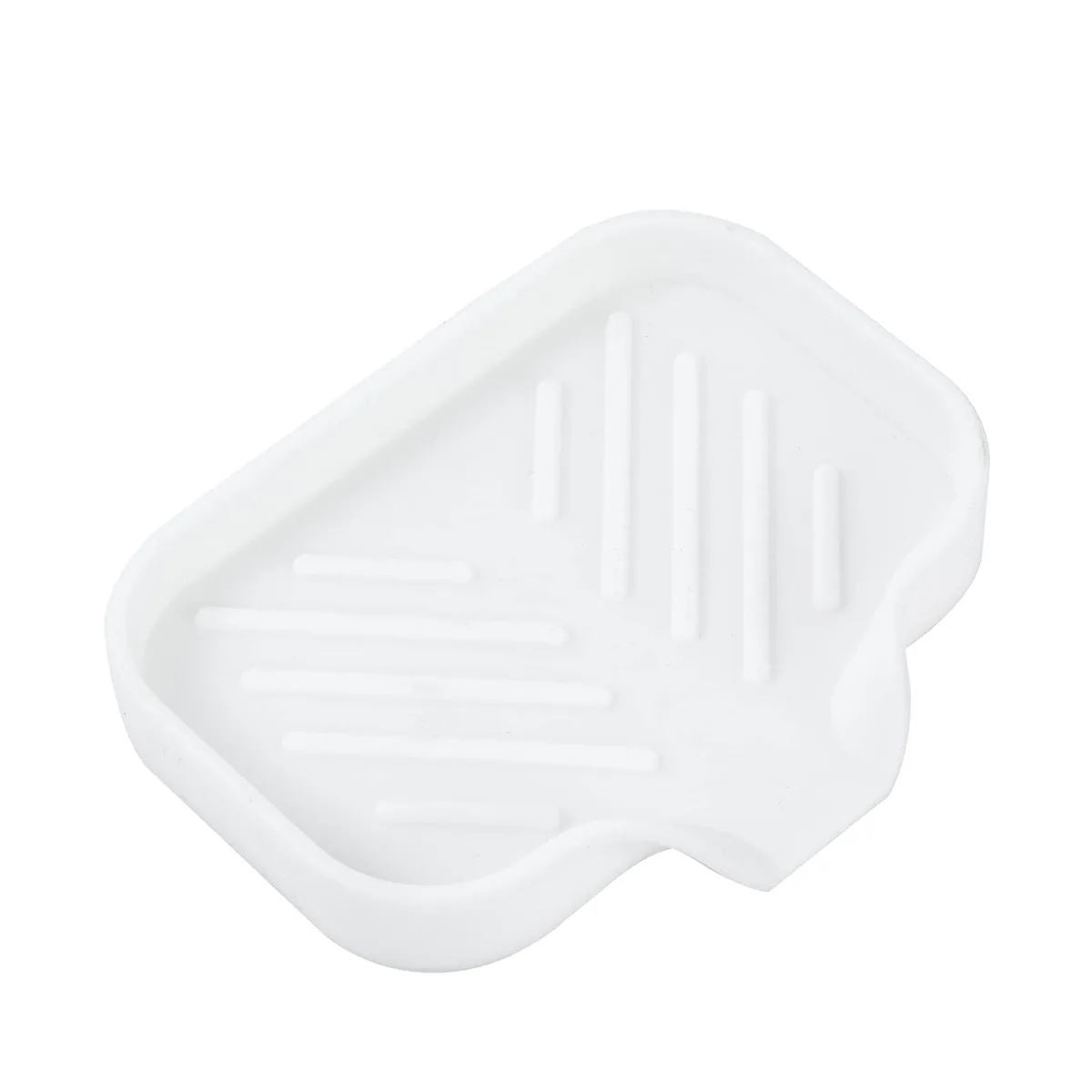 White silicone soap dish with angled drain spout and raised ridges, compact rectangular shape 4.9 by 3.2 inches