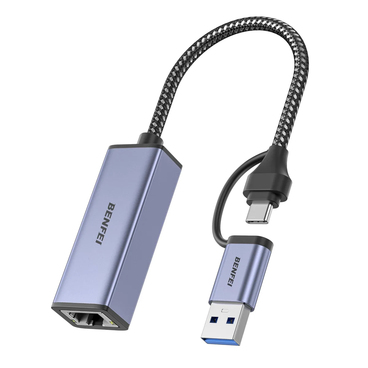 Compact grey USB 3.0 to Gigabit Ethernet adapter with aluminium shell and nylon cable, RJ45 port visible