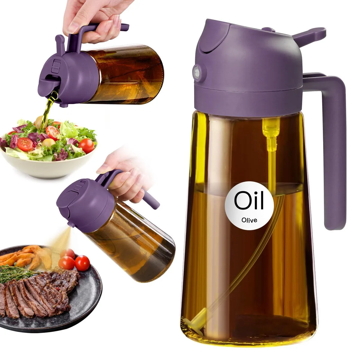 Purple 16oz glass oil sprayer with integrated spout and wide neck