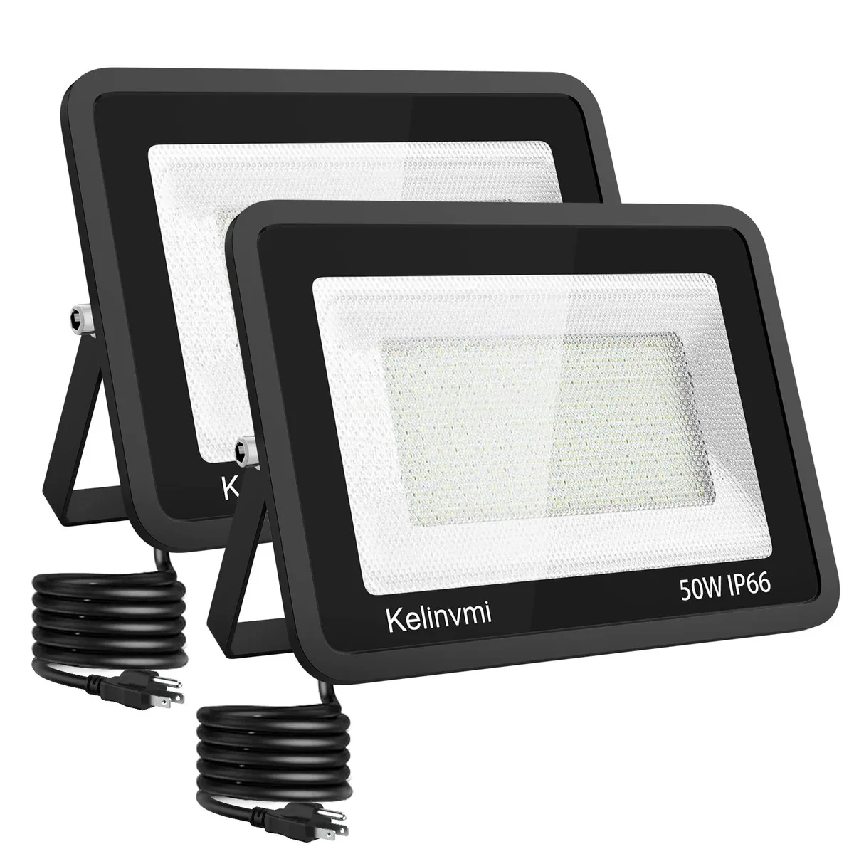 Two black aluminium floodlights with adjustable brackets and remote control, 8.5 x 1.5 x 6 inches each