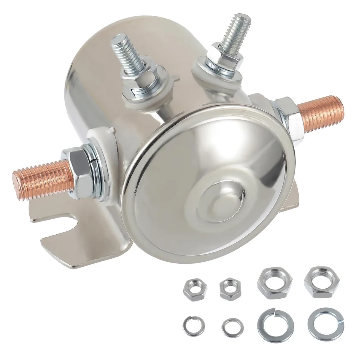 Nickel-plated steel solenoid relay with four copper terminals and mounting bracket