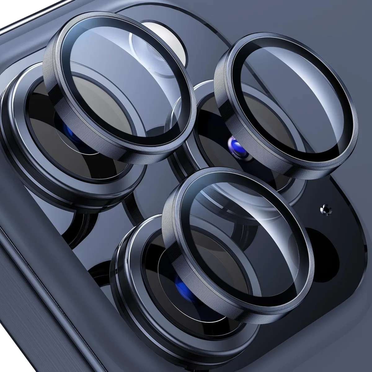 Blue titanium lens protector with metal ring and tempered glass for iPhone 15 Pro and Pro Max