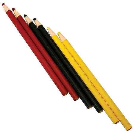 Six wax marking crayons in red yellow black paper casings