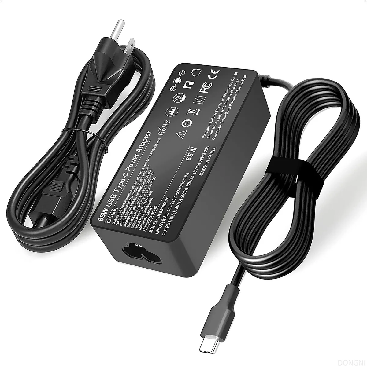 Compact black USB-C laptop charger with detachable cable