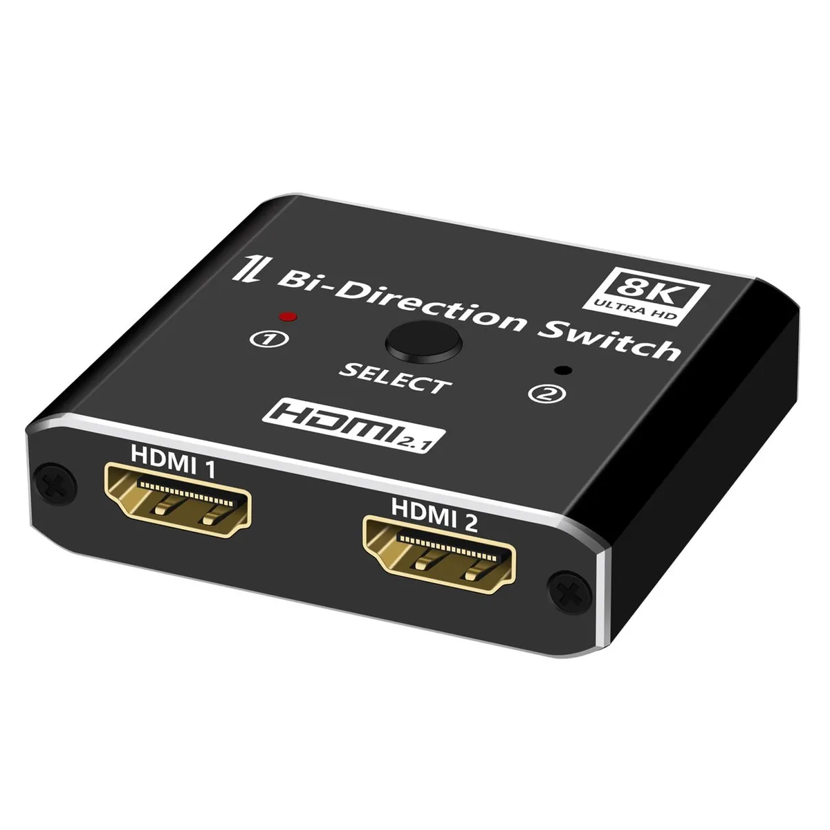 Small black aluminium box with three HDMI ports and a switch button
