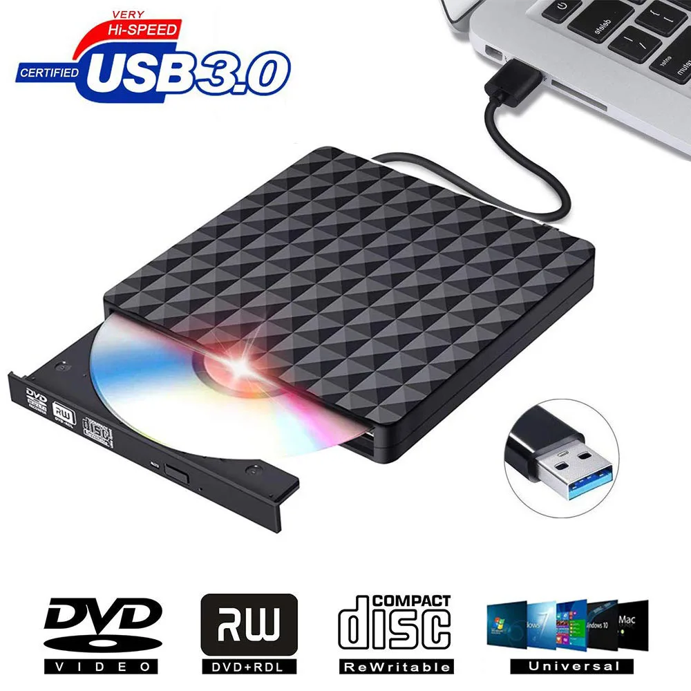Slim black external DVD burner with diamond-patterned finish