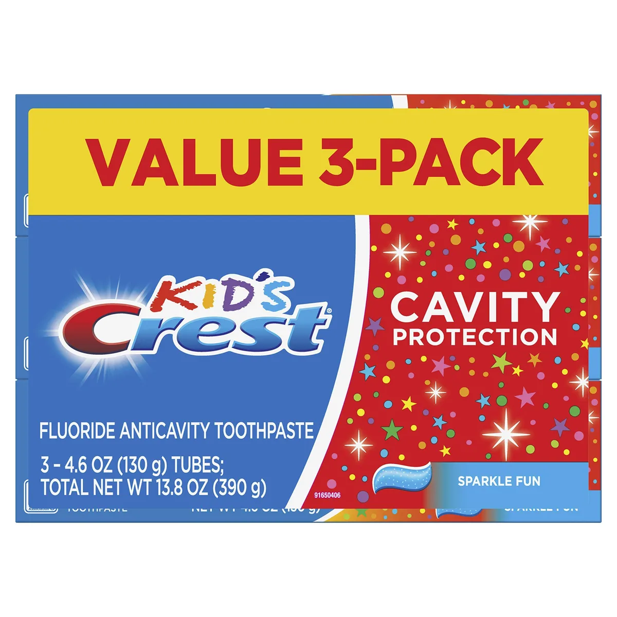 Three 4.6 oz toothpaste tubes in a rectangular pack, white and blue boxes with sparkle graphics