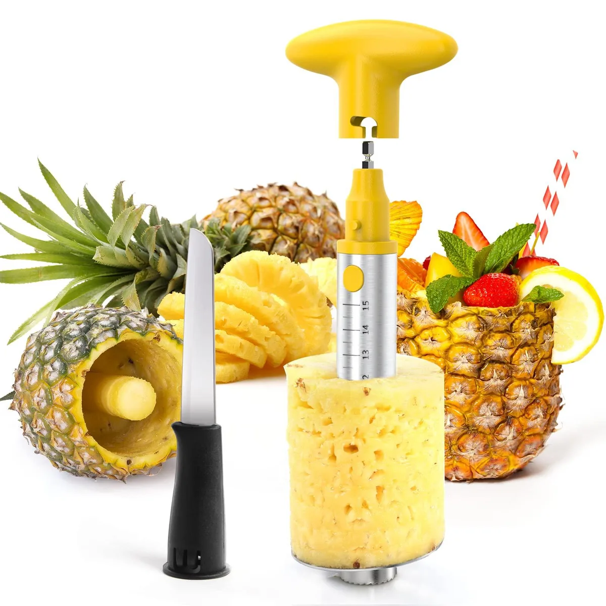 Twelve yellow pineapple corers with detachable knives and drill-compatible handles