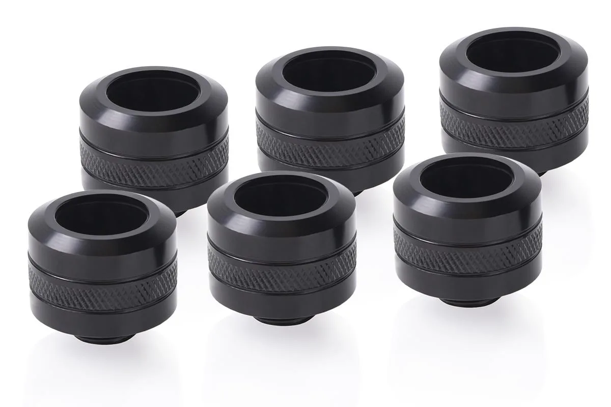 Six brass Deep Black 16 mm OD HardTube fittings with 26 mm body diameter