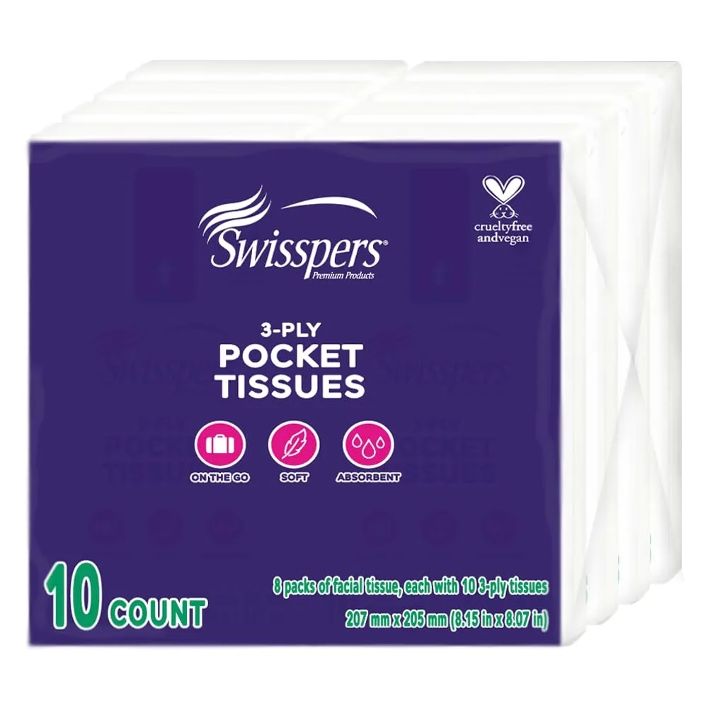Swisspers T WB3V 0010 R19208 SWP Pocket Tissues 3-Ply White 10 per Pack 8 Count — product photo
