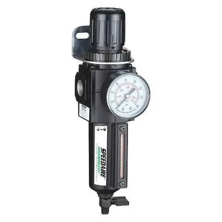 SPEEDAIRE filter-regulator, aluminium body, polycarbonate bowl with guard, 1/4 NPT inlet, knob adjustment on top