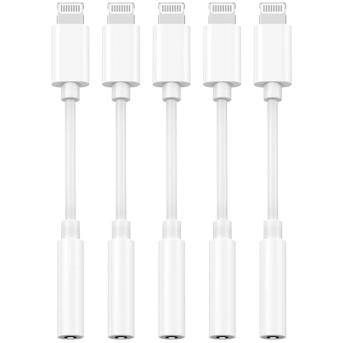 Five white Lightning-to-3.5 mm audio adapters in a pack