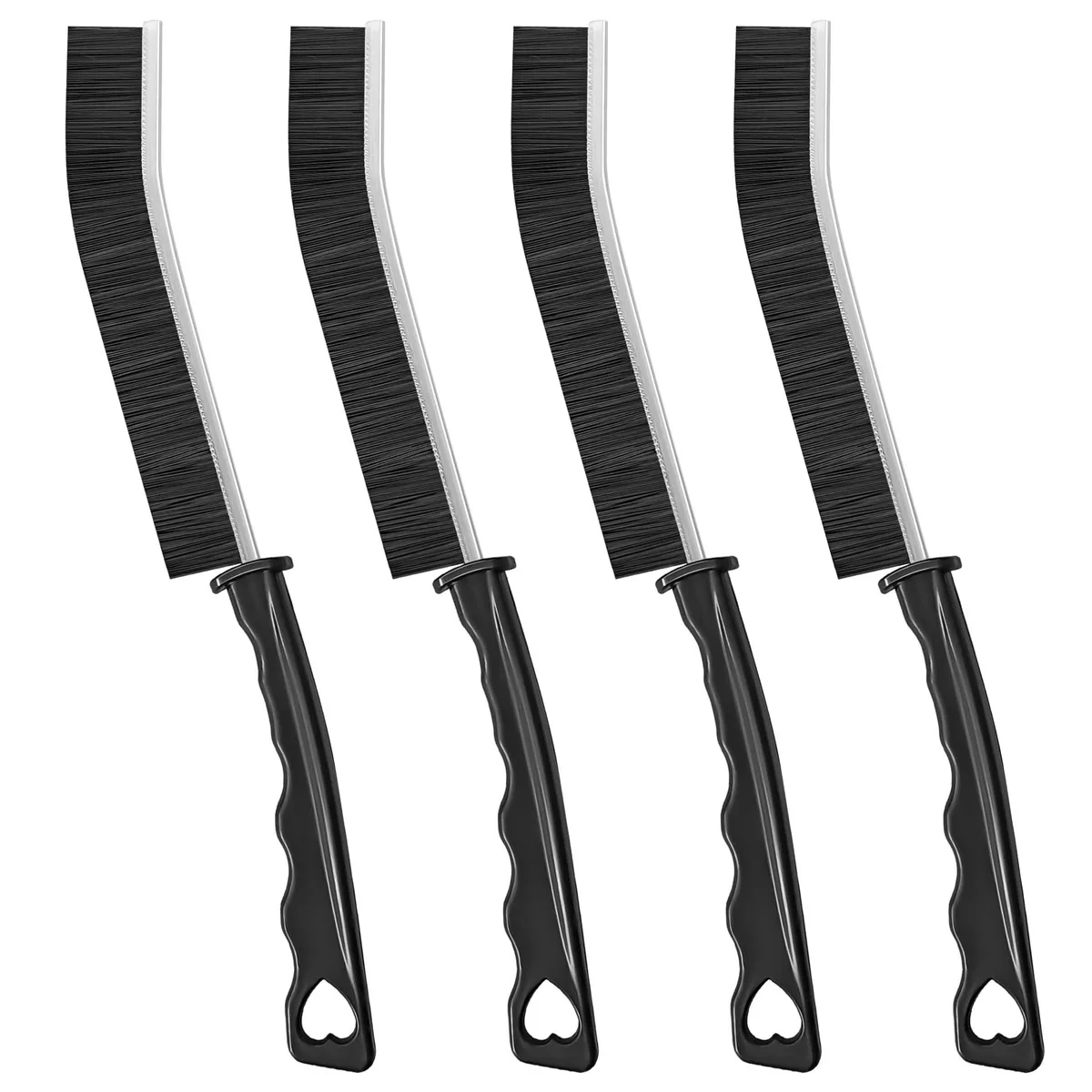 Four black narrow crevice brushes with stiff bristles and hanging holes