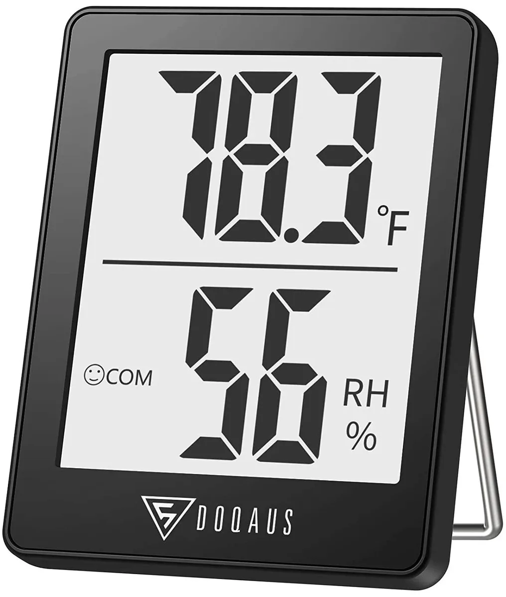 Yellow digital thermometer with 2.3in LCD display, plastic body, magnet stand and hanging hole
