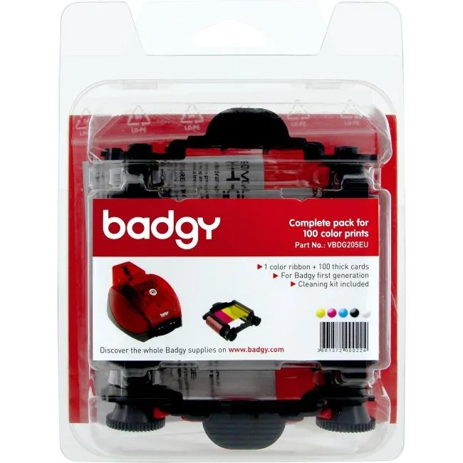 Evolis Badgy supplies kit box with ribbon, cards and cleaning kit