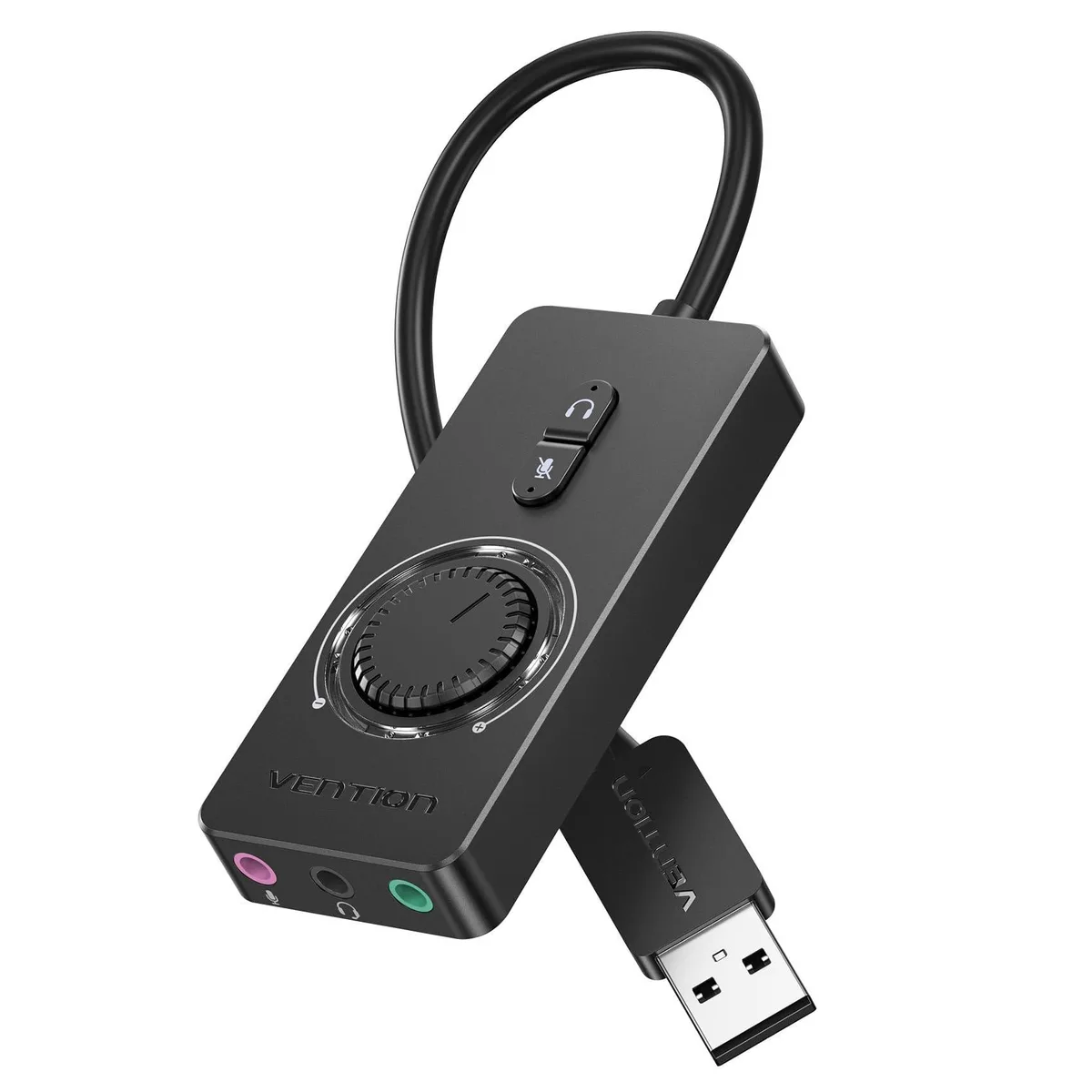 Small black USB sound card with volume knob and 3.5 mm jacks