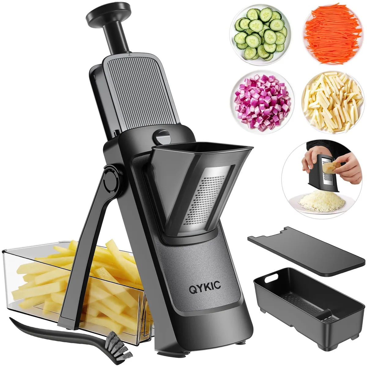 Black upright mandoline slicer with integrated container, stainless-steel blades and foldable frame