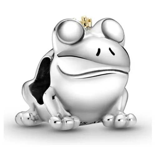 Small silver frog charm wearing a tiny gold crown, detailed beaded feet, hallmark disc on base