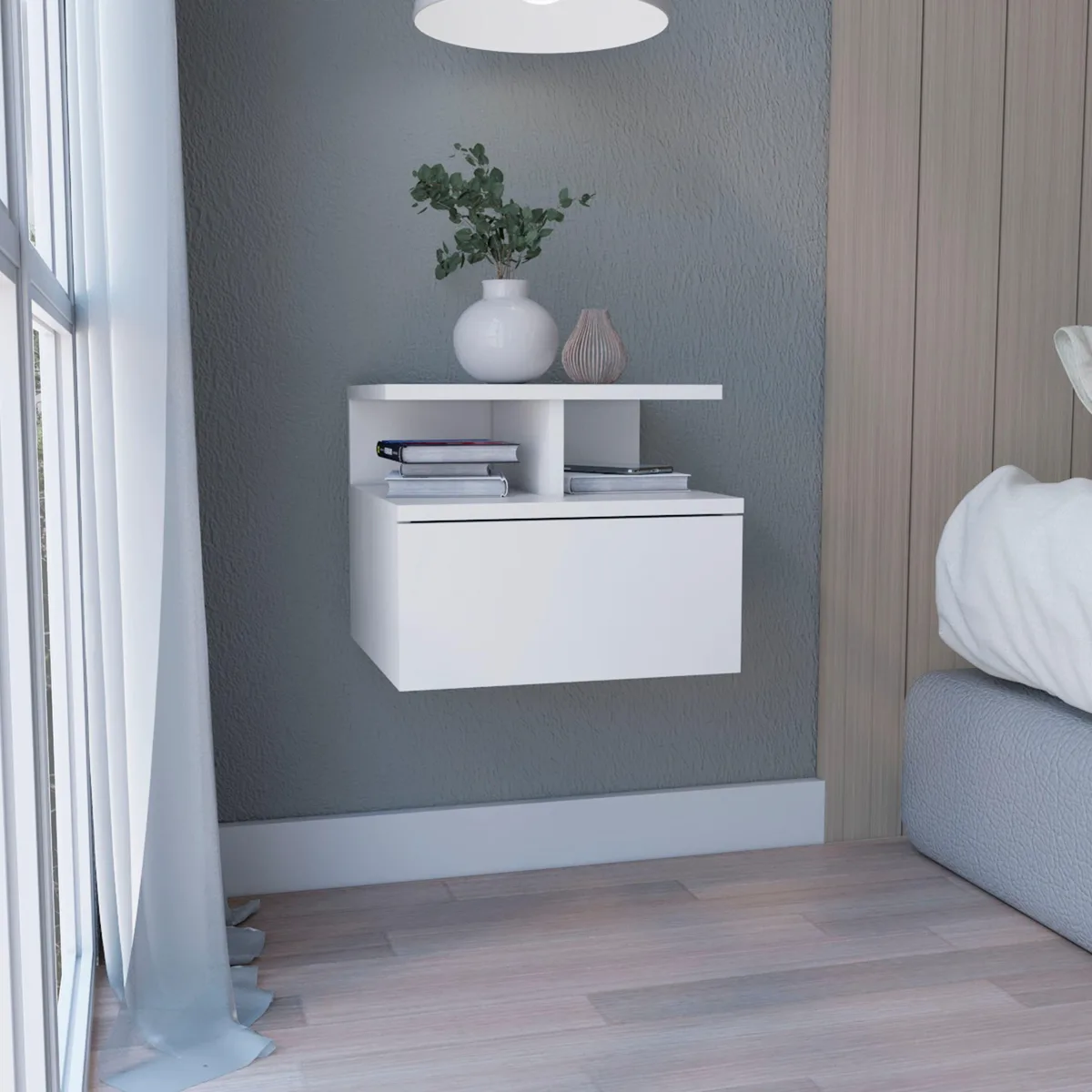 White wall-mounted nightstand with single drawer and two open shelves