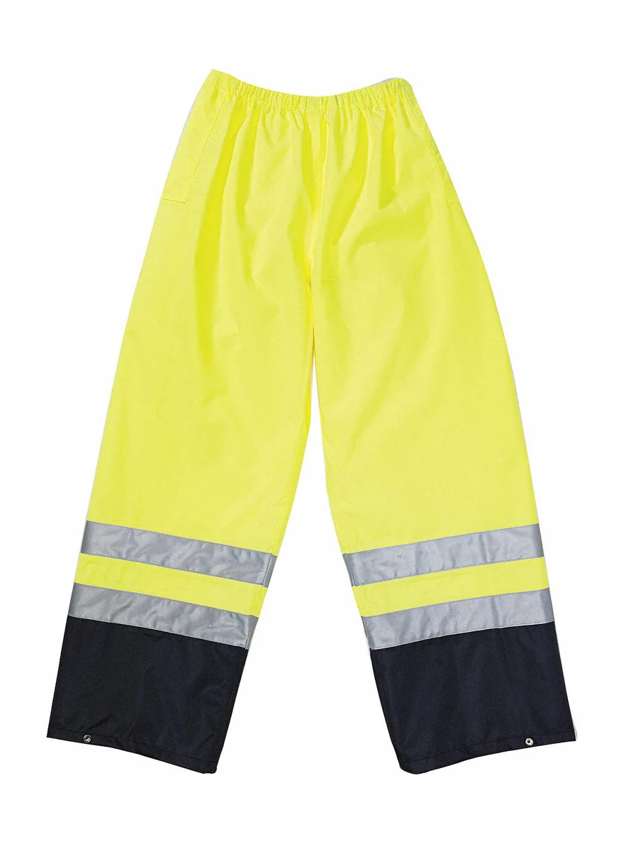 Bright yellow polyurethane-coated polyester rain pants, high-visibility, drawstring waist, snap ankles, insulated lining