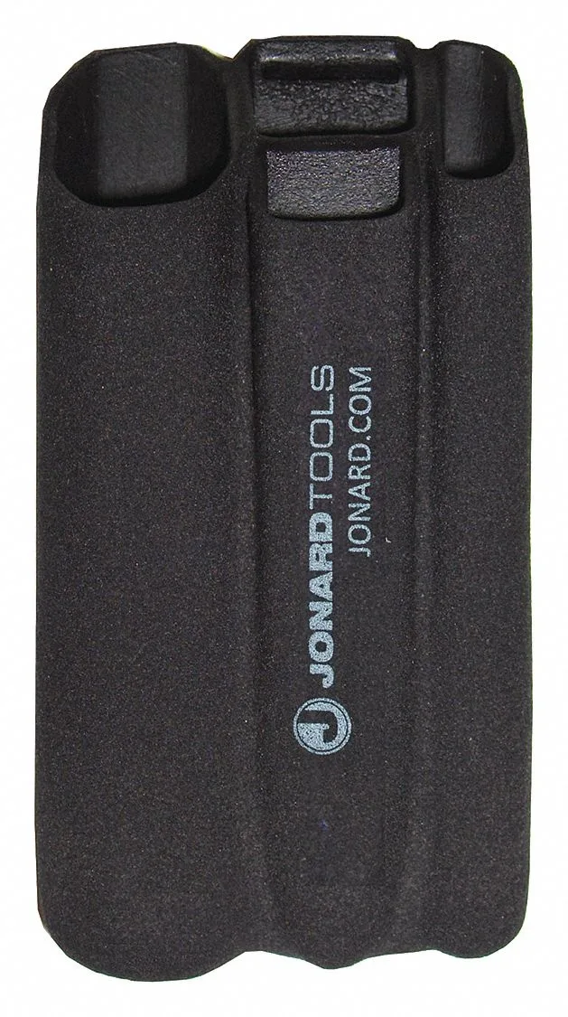 Black plastic tool pouch with five pockets and belt strap