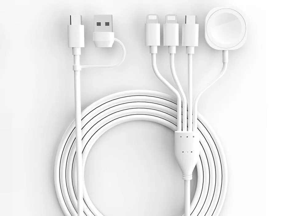 White 4-foot multi cable with USB-A and USB-C inputs, two Lightning, one USB-C and a magnetic Apple Watch connector