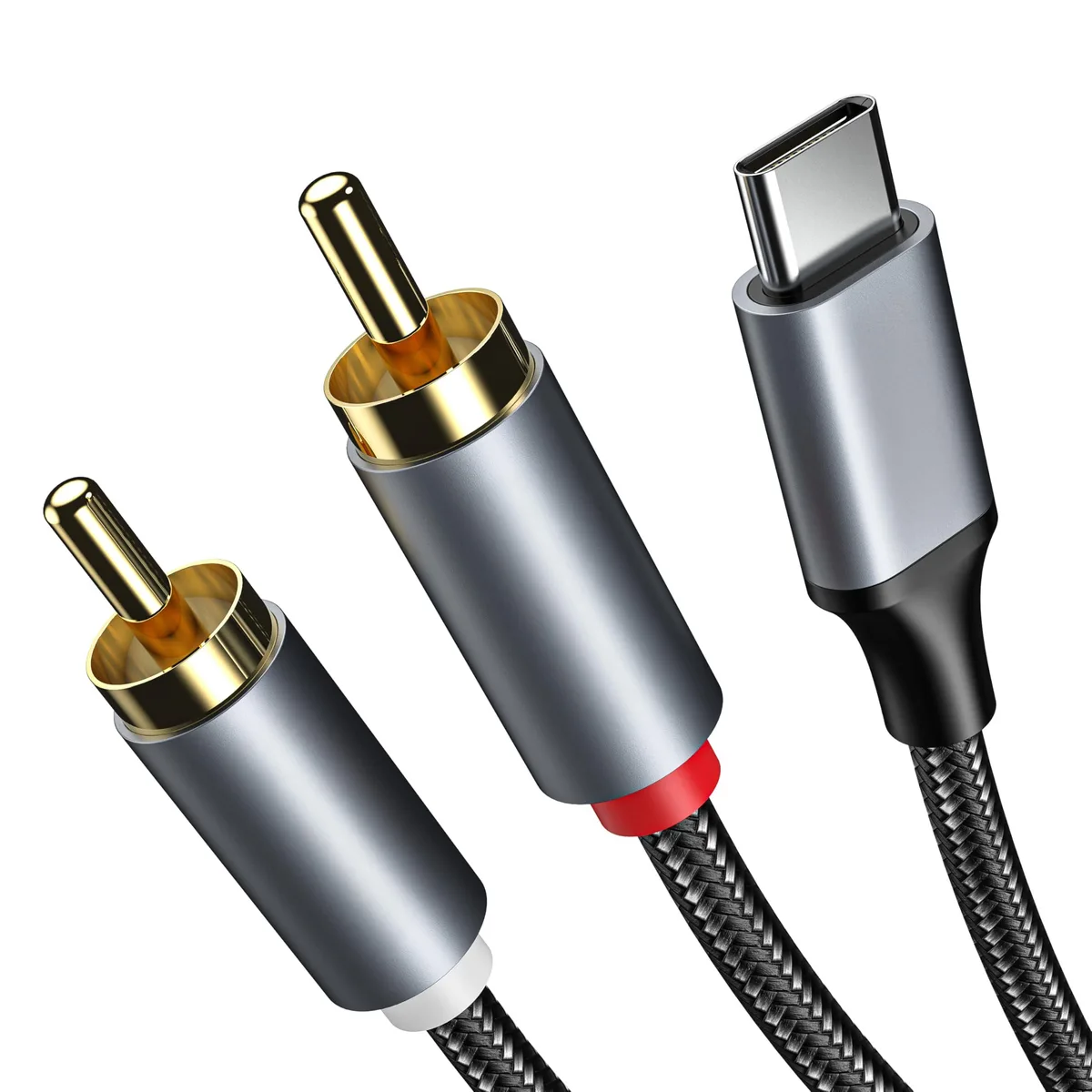 Grey braided USB-C to dual RCA male audio cable, 4ft Y-splitter with aluminium alloy shells