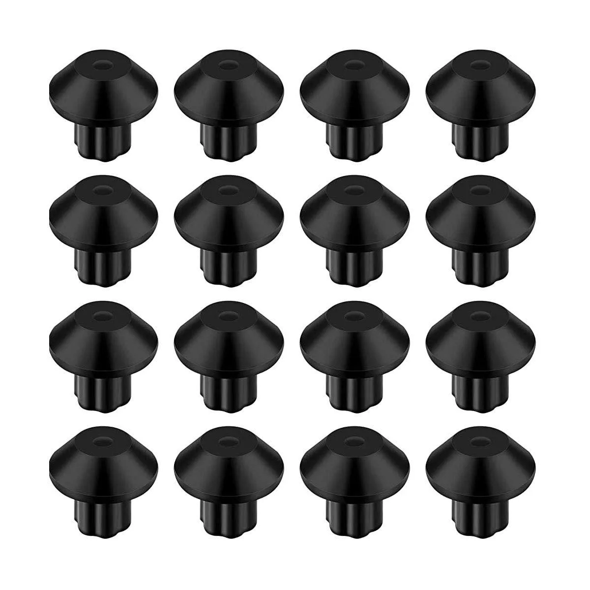 Sixteen small cylindrical silicone rubber pads with central shafts, light grey matte finish